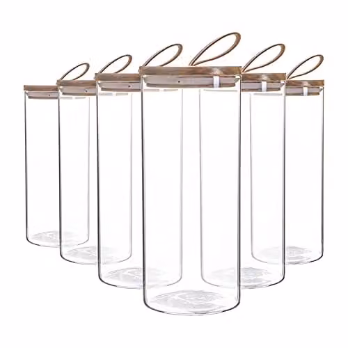 Argon Tableware Scandi Airtight Glass Storage Jars with Brown Leather Loop Lids, 1.5 l, 6 Pack – 1