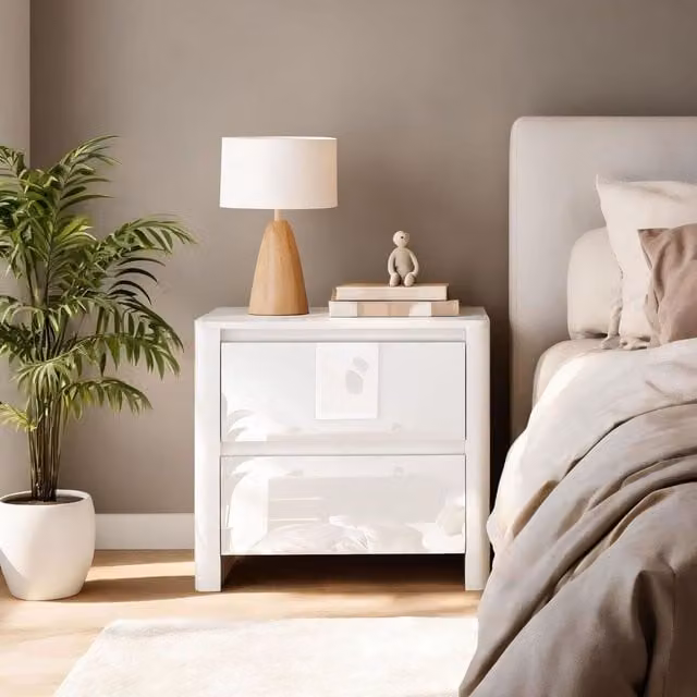 Home Source Ardenza White High Gloss 2 Drawer Bedside Cabinet
