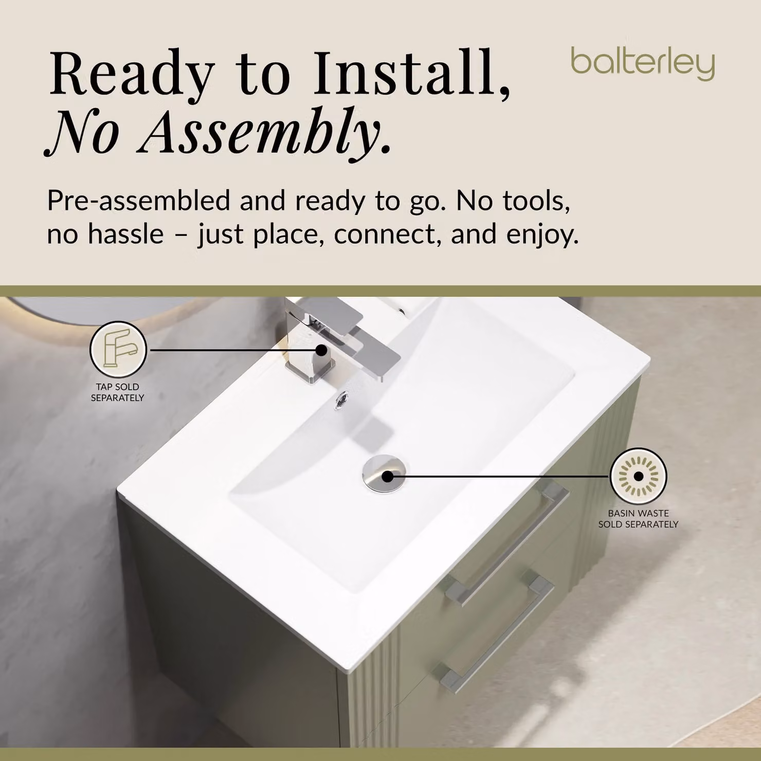 Balterley Wall Hung 2 Drawer Vanity Unit with Minimalist Basin, Satin Green, Width: 60 cm – 3