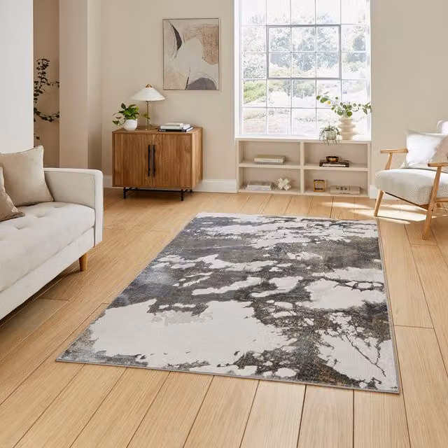 Terrys Modern Abstract Machine Woven Rectangular Rug in Silver and Grey