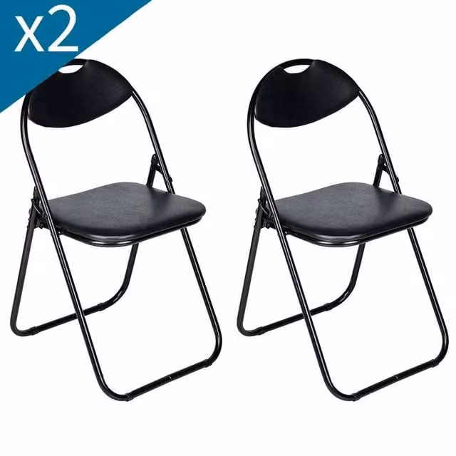 SPETLEK Set of 2 Black Foldable Portable Chairs with Synthetic Leather and Metal Frame