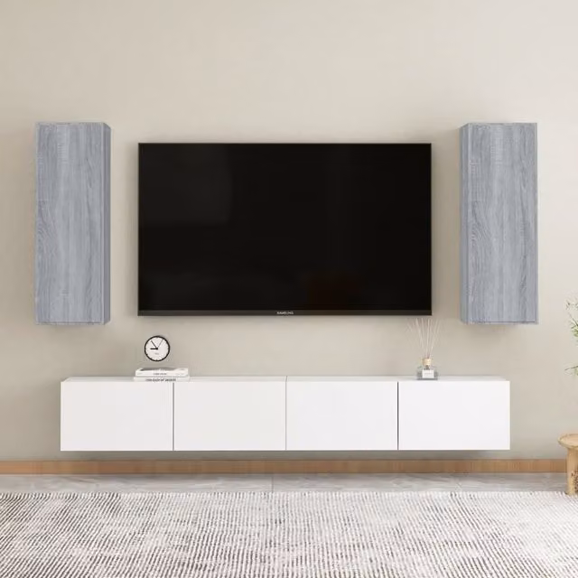 Berkfield Home Set of 2 Modern Wall Mounted Grey TV Cabinets with Hinged Doors and Internal Shelves, W/D/H: 30.5 x 30 x 90 cm