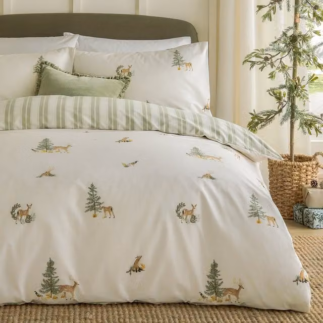 Charlecote Green and Natural Striped Cotton Duvet Cover and Pillowcase Set