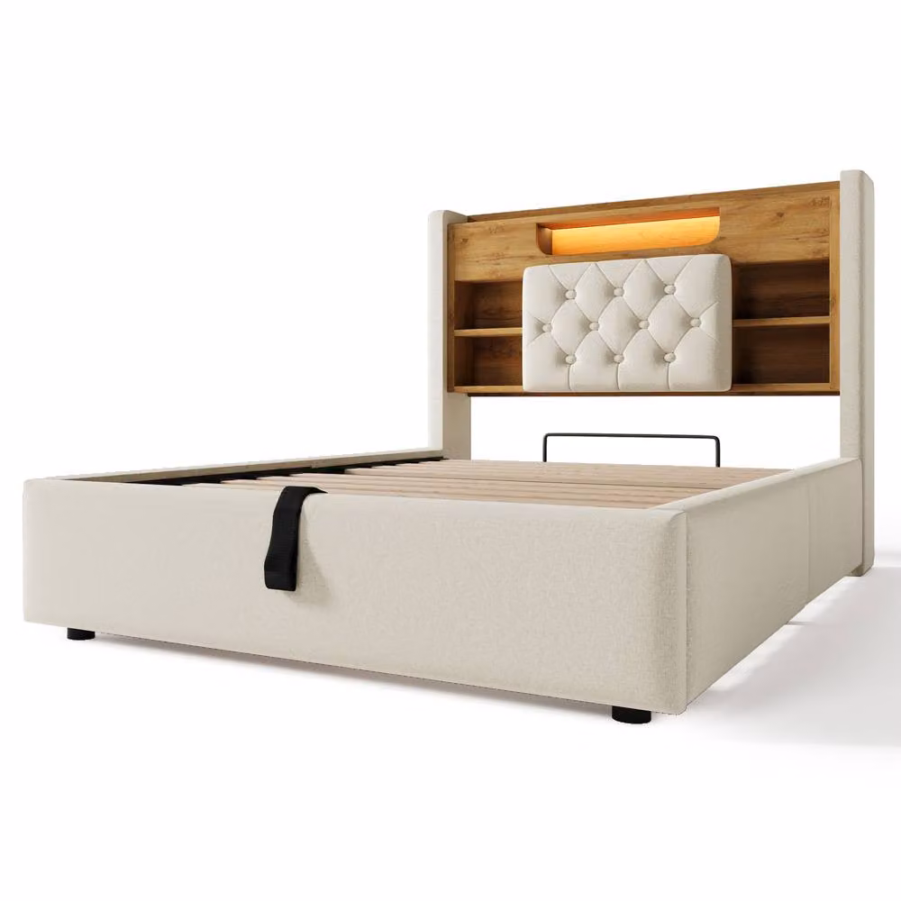 FENCHILIN Upholstered Super King LED Bed Frame in Beige with Hydraulic Storage, USB Charging Port and Under-Bed Lighting, W/D/H: 200 x 158 x 115 cm – 5