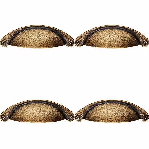 Loops 4 Pack Traditional Shell Cup Pull Handles in Antique Brass, W: 104 mm, H: 26 mm, Fixing Centres: 64 mm – 1