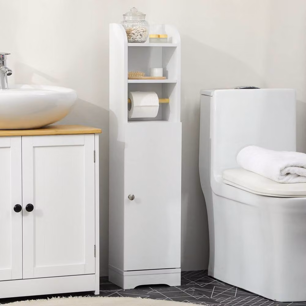 Wyld Haus Vale Compact Narrow White Bathroom Storage Cabinet with Internal Shelves and Open Shelf – 3