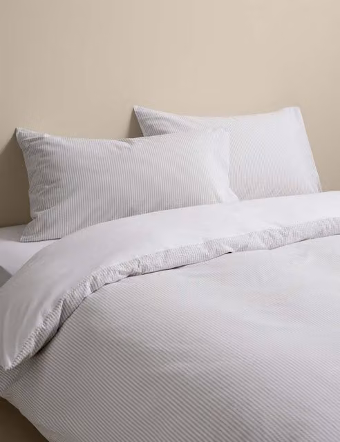 M&S Pure Cotton Striped Seersucker Bedding Set, Light Grey Mix, W: 140 cm, L: 200 cm