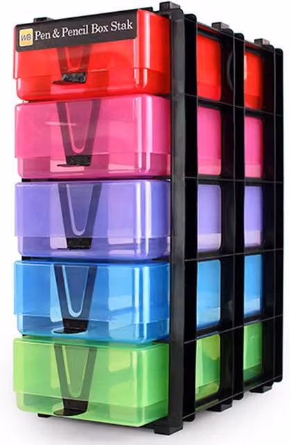 WestonBoxes Stackable Stationery Storage Unit with 5 Multi-Compartment Boxes in Multicolour and Transparent Plastic, W/D/H: 23.5 x 32.5 x 14.5 cm – 1