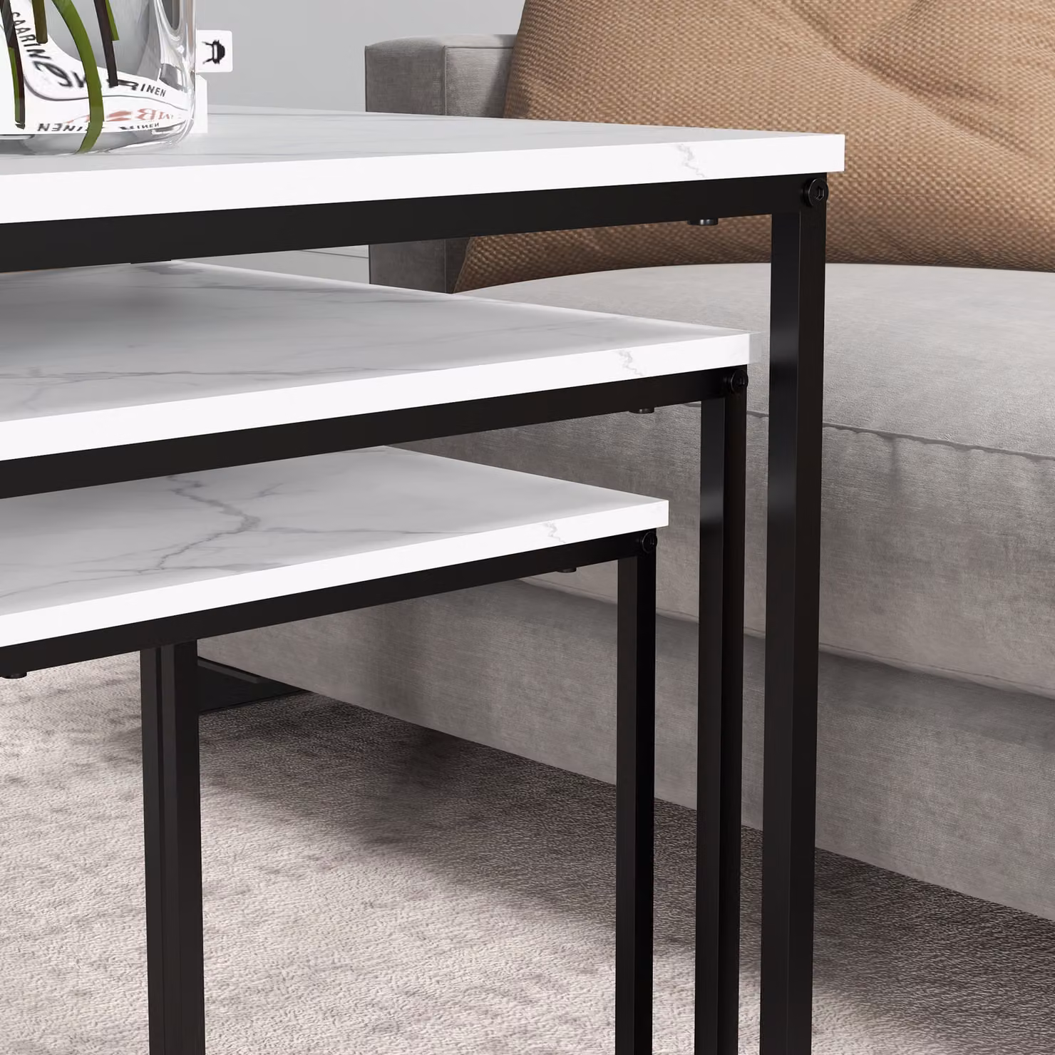 HOMCOM Set of 3 Nesting Side Tables with Faux Marble Effect Top and Steel Legs in White – 7