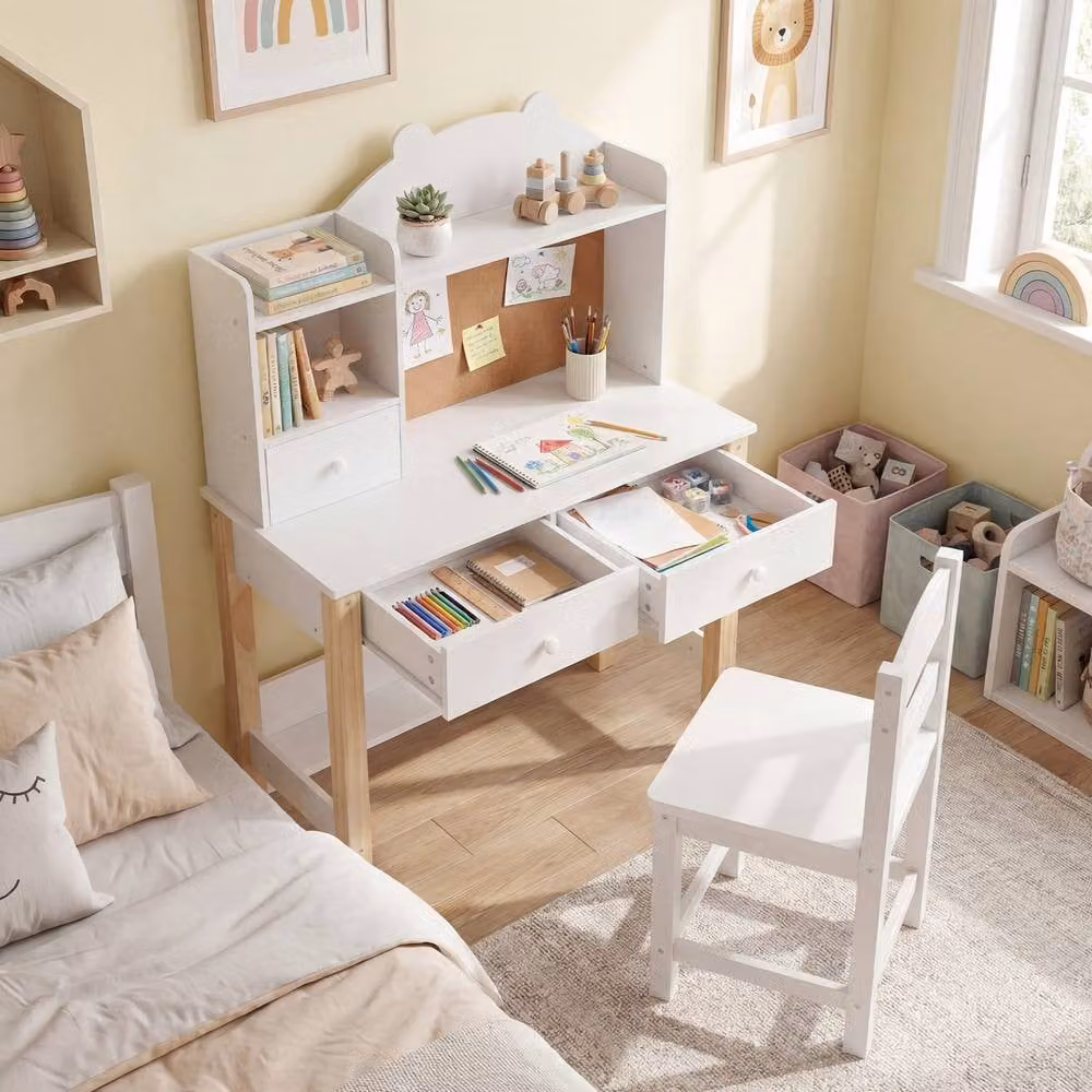 Gymax Kids Study Table and Chair Set with Storage Hutch in White – 2