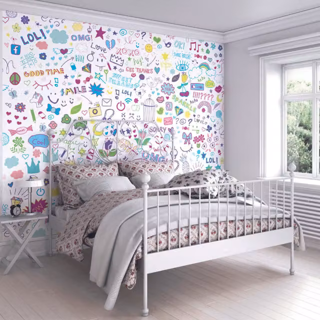 Origin Murals Social Doodle Abstract Wall Mural in White and Multicolour