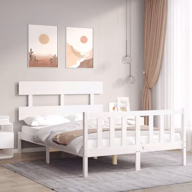 Berkfield Home White Solid Pine Wood Bed Frame with Headboard W/D/H: 120 x 200 cm – 1
