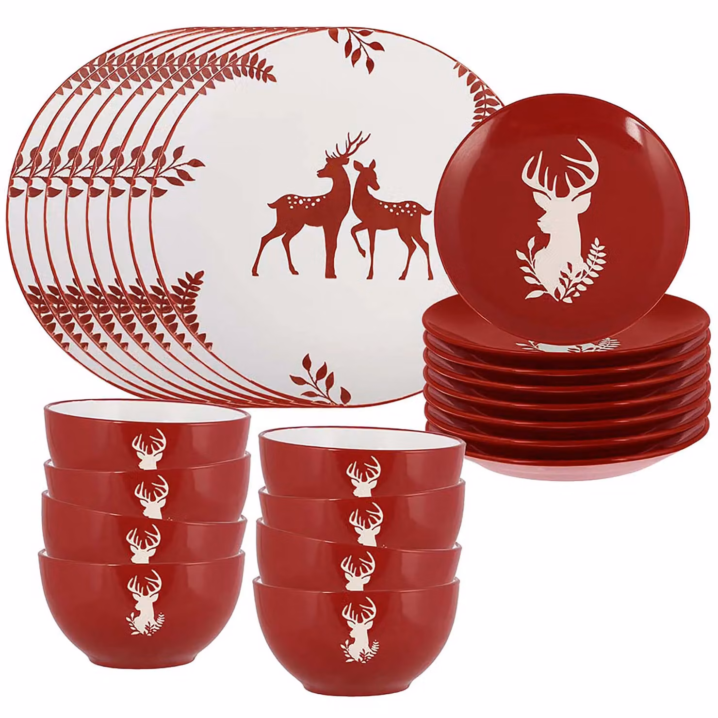 Dibor 12 Piece Red and White Reindeer Ceramic Christmas Dinner Set for 4 Adults – 2