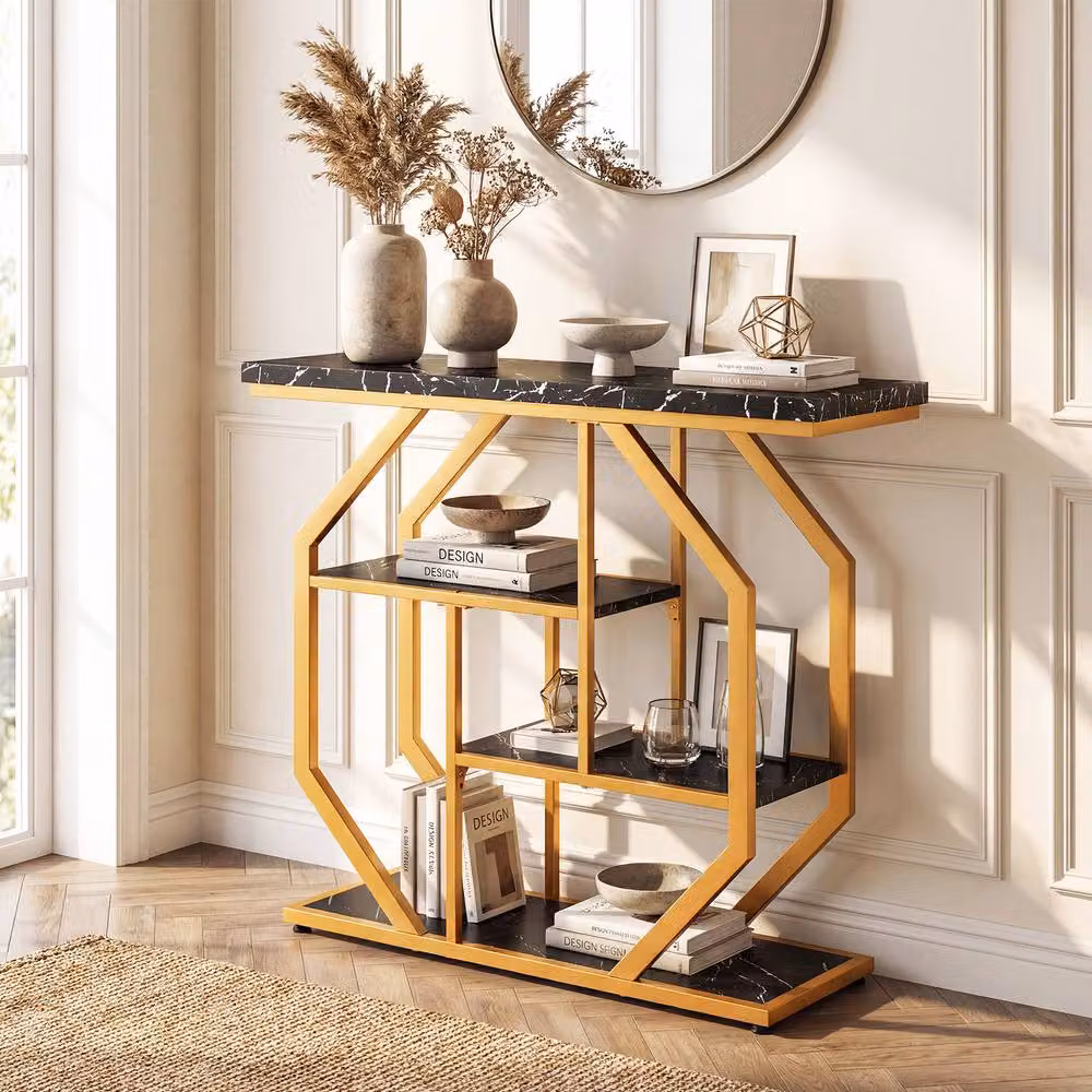 Costway Modern 4-Tier Console Table with Marble Top and Storage Shelves in Black – 5