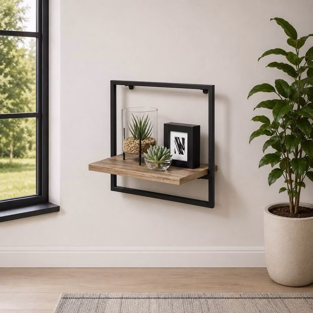 SPOT ON DEALZ Black Metal Frame and Oak MDF Floating Wall Shelf – 2