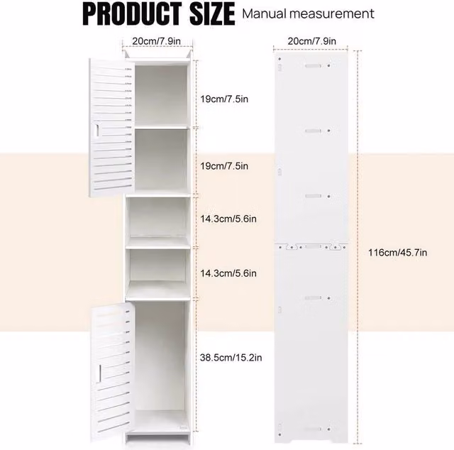 FLAVORA Slim White Wooden Floor Cabinet, H 116 x W 20 x D 20 cm