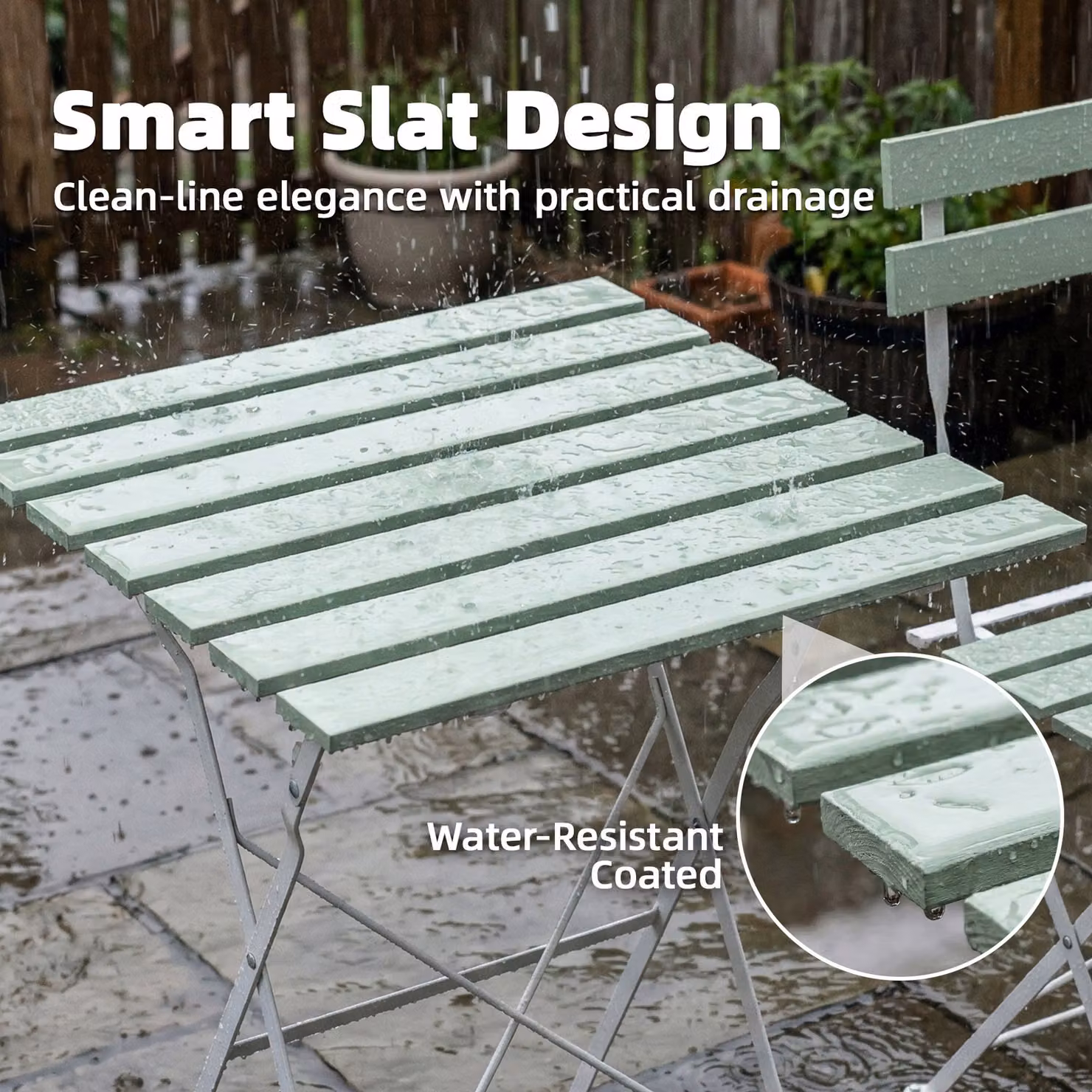 Outsunny Outdoor Bistro Set with Folding Square Acacia Wood Table and 2 Chairs in White and Green – 6
