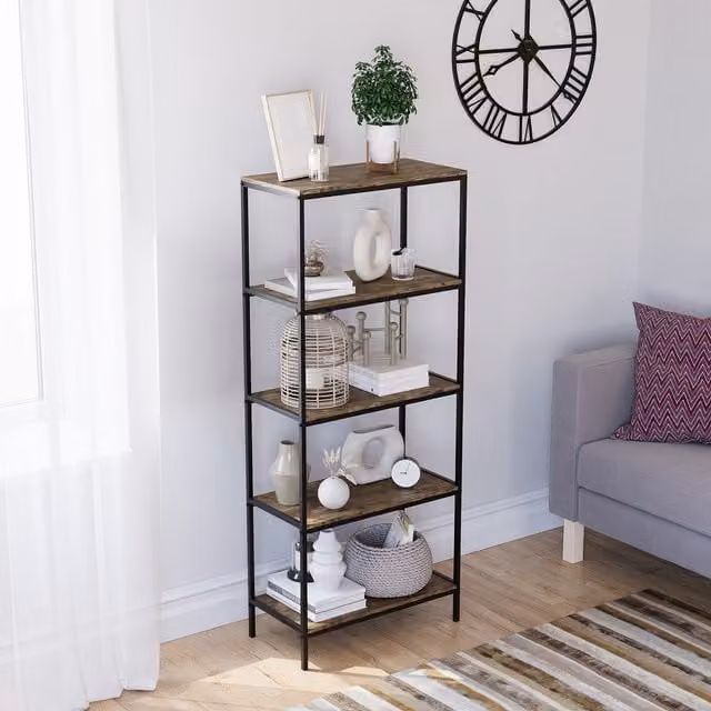 Vida Designs Brooklyn 5 Tier Industrial Bookcase in Brown and Black