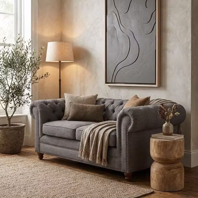 Orsina Two-Seat Grey Linen Chesterfield Sofa – 2