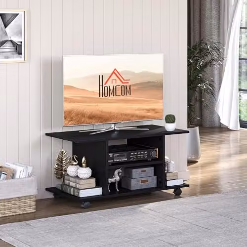 HOMCOM Modern Black Wood TV Cabinet Stand with Storage Shelves and Castors, W/D/H: 80.0 x 40.0 x 40.0 cm – 3