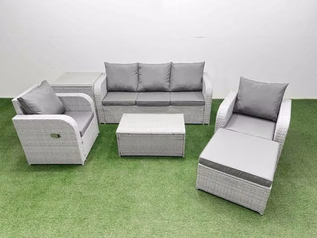 Fimous PE Rattan Garden Furniture Set in Light Grey with 3-Seater Sofa, Reclining Armchairs, Coffee Table and Ottoman