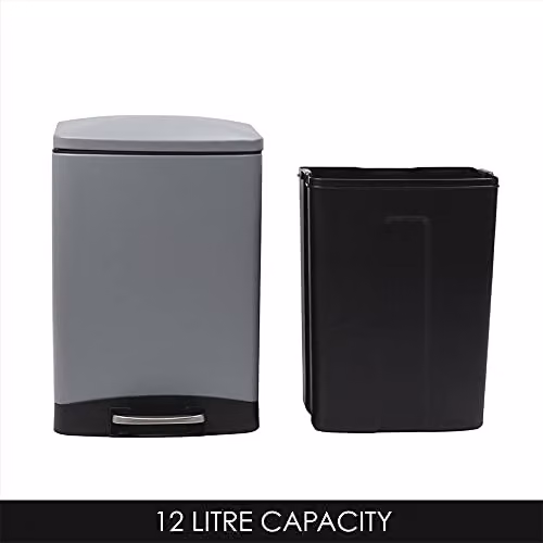 Calitek 12 Litre Pedal Waste Bin with Soft Close Lid and Removable Inner Bucket, Grey, W: 39 cm, D: 27 cm, H: 22 cm – 4