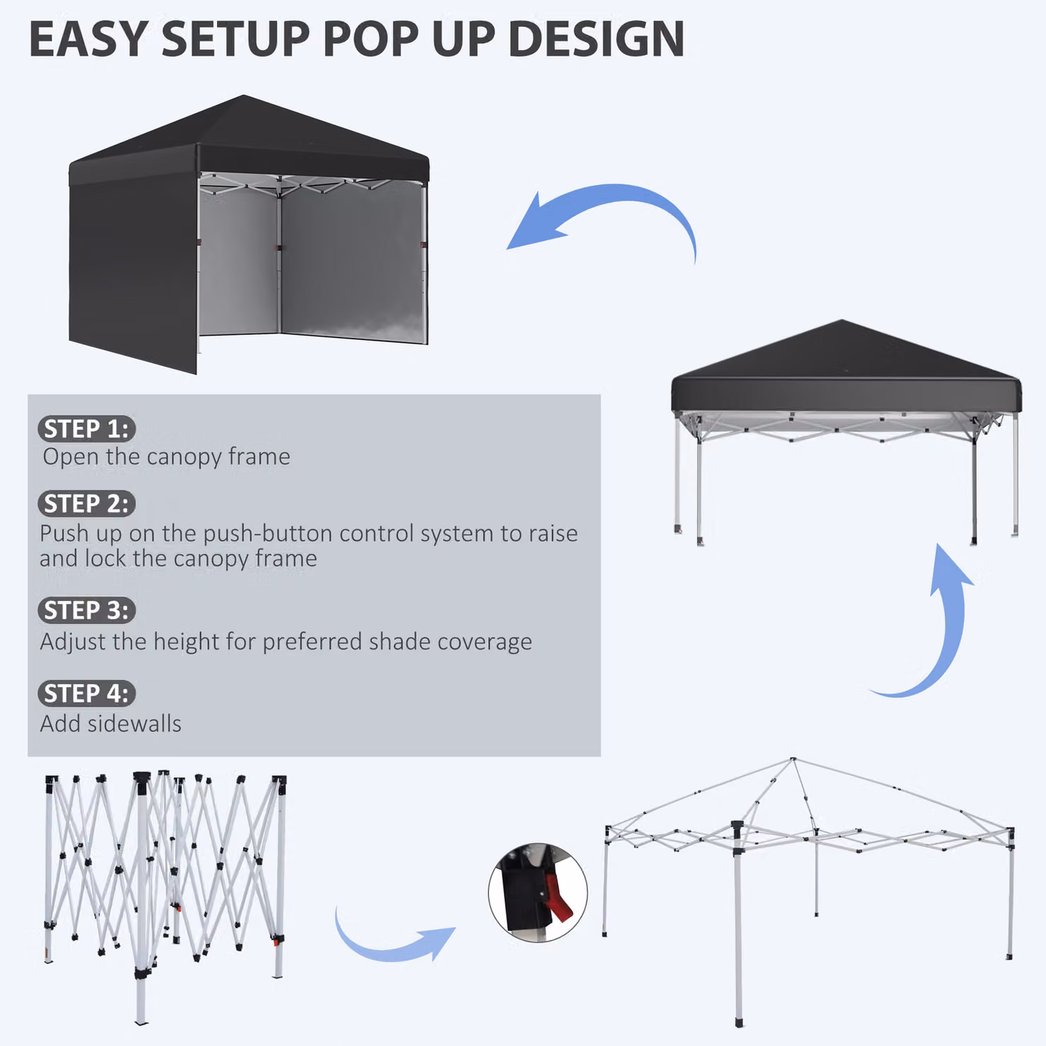 Outsunny Black Metal Frame Pop Up Event Shelter Gazebo with 2 Sidewalls, Weight Bags and Wheeled Bag, W: 300 cm, D: 300 cm, H: 285 cm – 6
