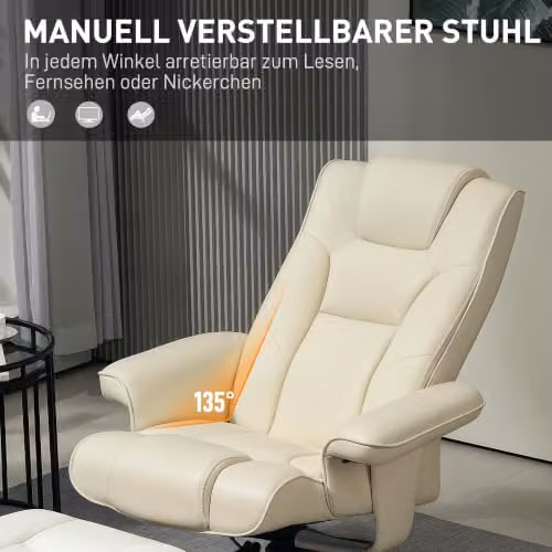 HOMCOM Reclining Armchair with Ottoman, Beige Synthetic Leather and Solid Wood Frame – 3
