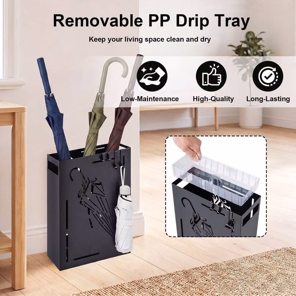 Gymax Metal Cutout Umbrella Stand with 4 Hanging Hooks and Removable Tray, Black – 9