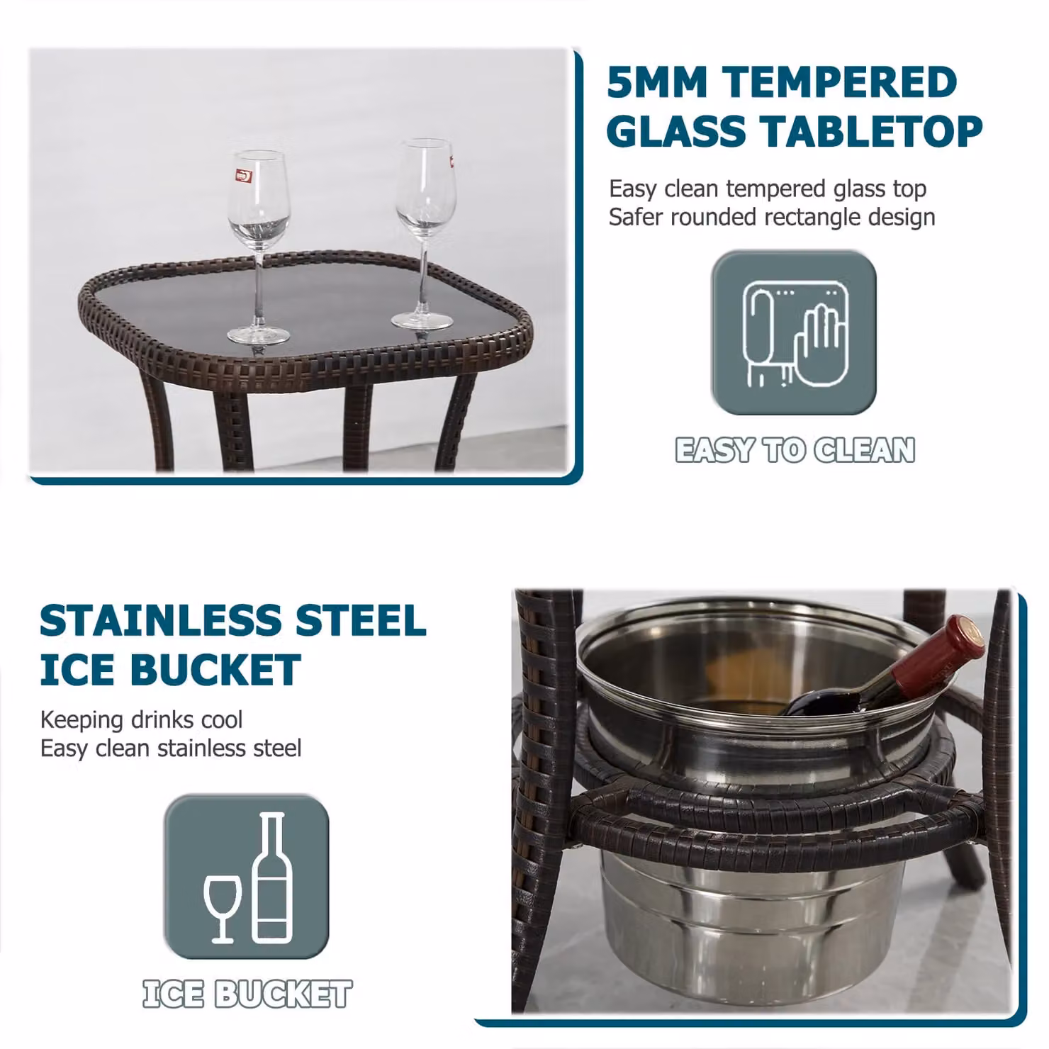 FURNITURE ONE 3 Piece Brown Garden Bistro Set with Glass Table and Ice Bucket – 6