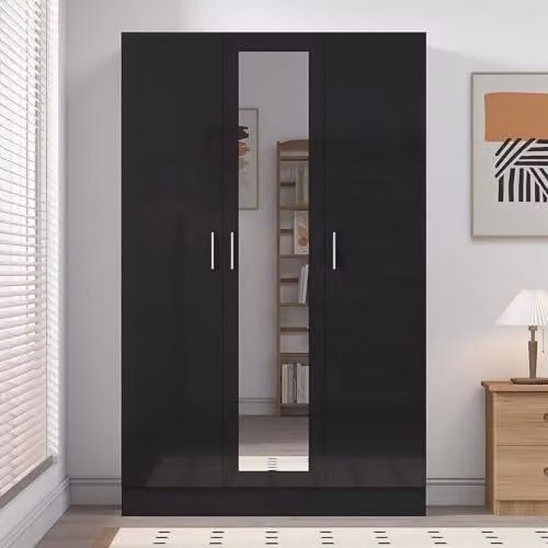Reflect 3 Door Mirrored Wardrobe in Black Gloss and Black Oak, H 180 x W 113 x D 47 cm – 3