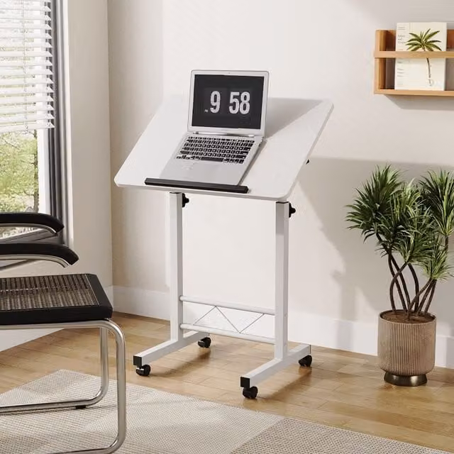 Livingandhome Height Adjustable Bed Table with Castors, White