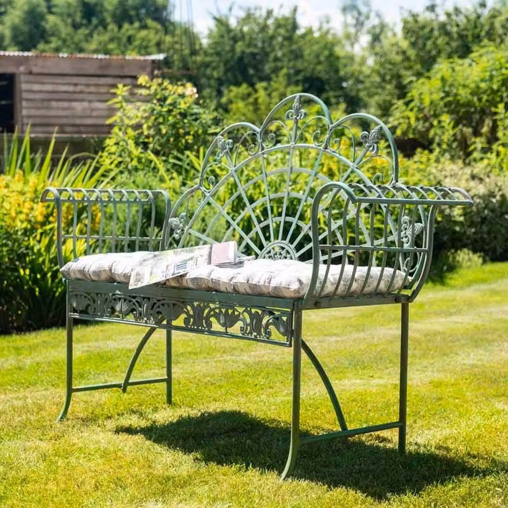 Ascalon Design Ltd Peacock Metal Bench in Green with Floral Design, W: 46 cm, D: 138 cm, H: 102 cm – 2