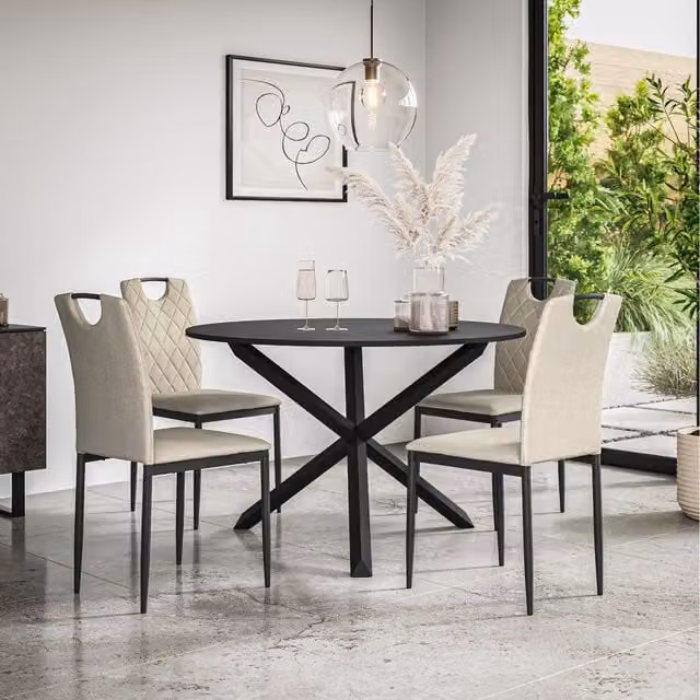 More4Homes Malvern Round Black Dining Table Set with Black Oak Legs and 4 Beige Monza Fabric Chairs