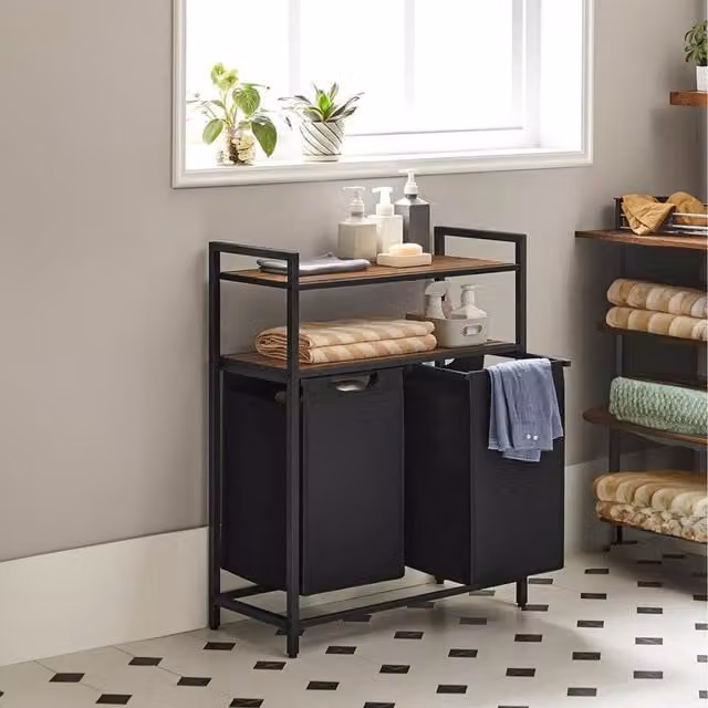 Neo White Laundry Basket Hamper with 2 Shelves and Removable Bag in Black and White