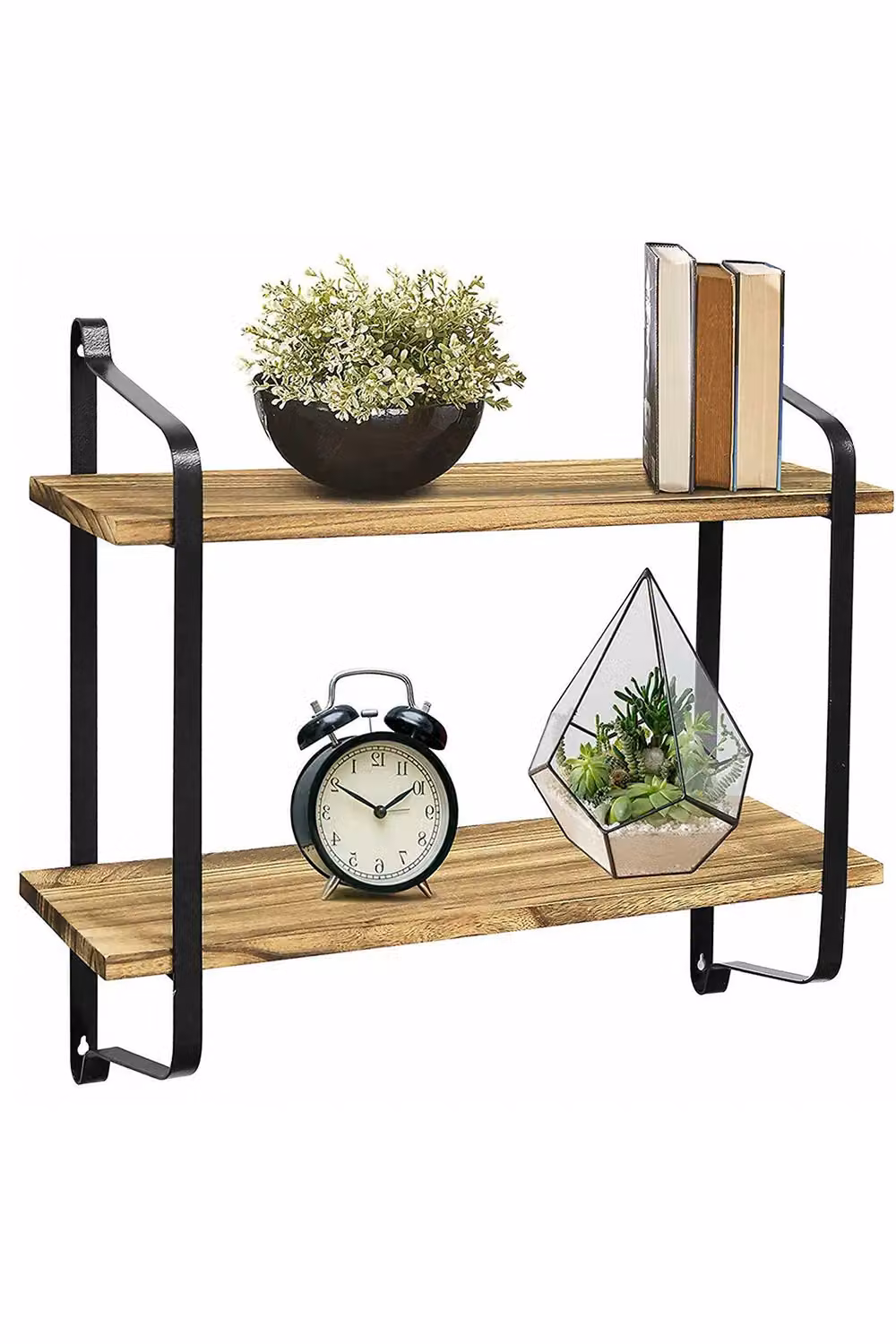 Living and Home 2-Tier Industrial Style Wall Mounted Metal and Wood Floating Shelf Organizer in Black – 2