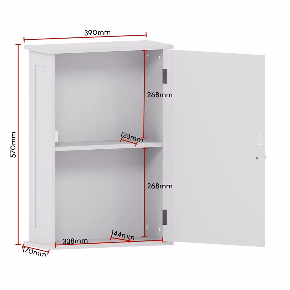 HD Designs Liano White Wall Mounted 1 Door Bathroom Storage Cabinet with Internal Shelves – 2