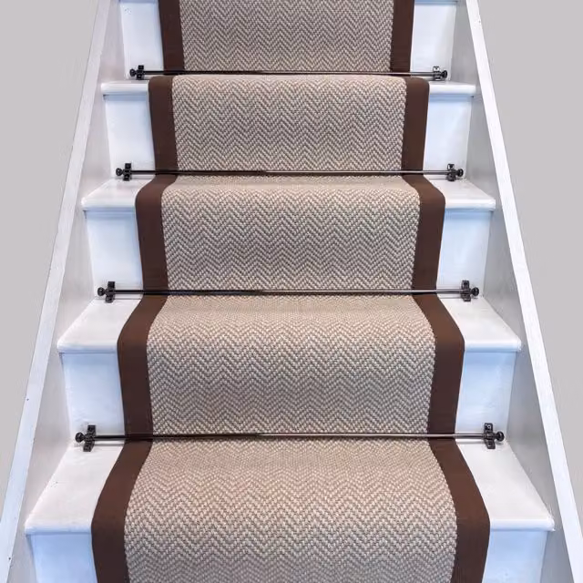 RainbowHome Herringbone Wool Stair Runner in Chalk Beige with Brown Cotton Border, W: 70 cm, L: 700 cm