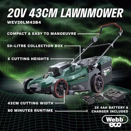 Webb Eco 40V Cordless Rotary Lawnmower in Green with 43cm Cutting Width, 50L Collection Bag and Rechargeable Battery – 7