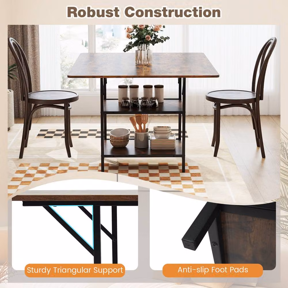 Costway Rectangular Dining Table with Storage Shelves in Brown – 3