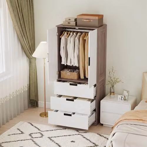 HOMCOM Modern 2 Door Wardrobe with 3 Internal Drawers and Hanging Rail, Brown and White, W/D/H: 80 x 50 x 180 cm – 4