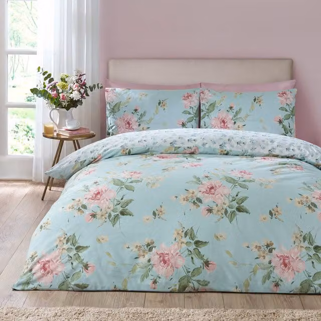 Catherine Lansfield Avebury Floral Reversible Duvet Cover Set in Duck Egg Blue, 200 x 200 cm – 1