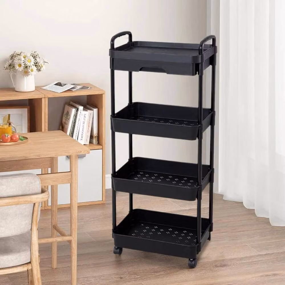 Kelvenix 4-Tier Black Kitchen Handcart on Wheels – 4