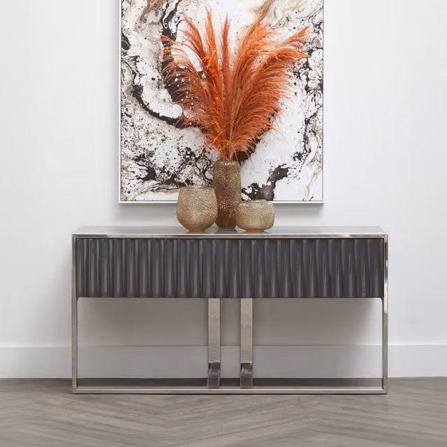 Orsina Grey Hi-Gloss Finish Console Table with Polished Stainless Steel Frame