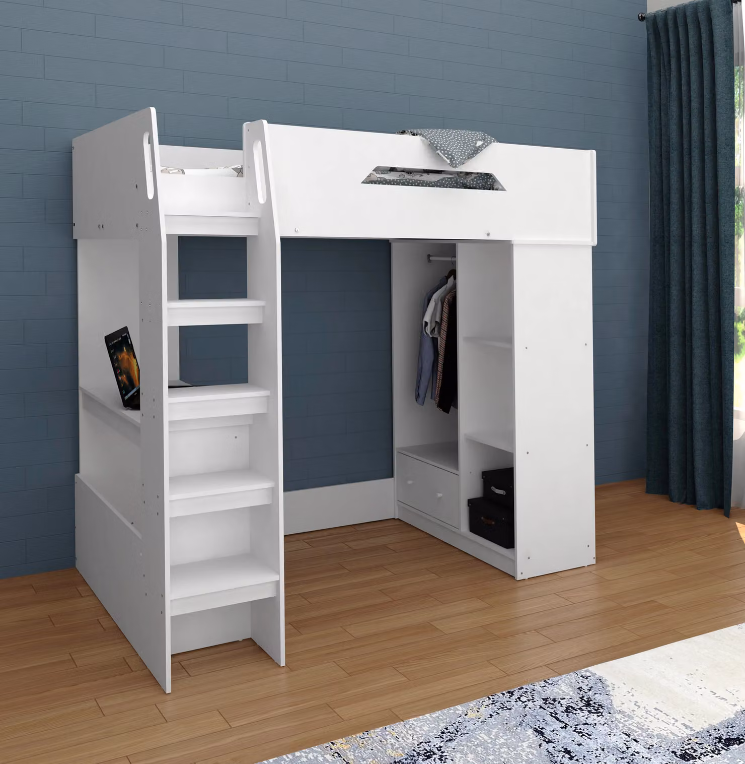 Kidsaw White Solid Wood Single High Sleeper Bed Frame with Stairs and Drawers, W/D/H: 90 x 190 cm – 2