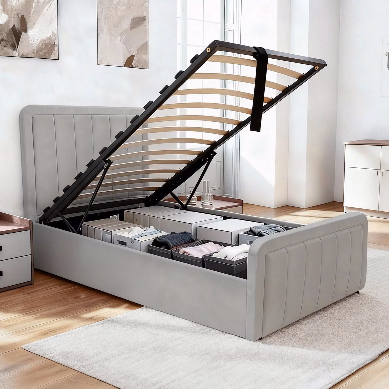 Comfy Living Grey Velvet Ottoman Bed Frame with Lift Up Base, W/D/H: 90 x 190 cm – 2