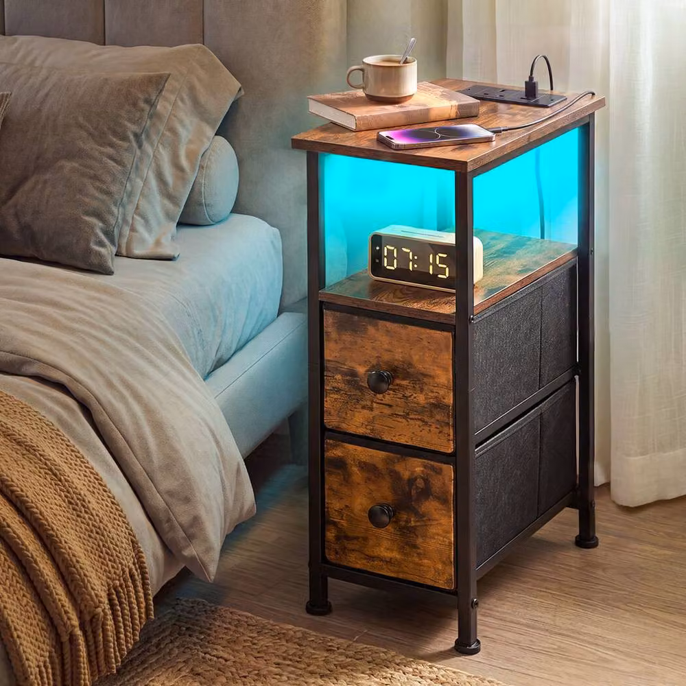 Levede Modern Brown Wood Bedside Table with Integrated LED Lighting – 3