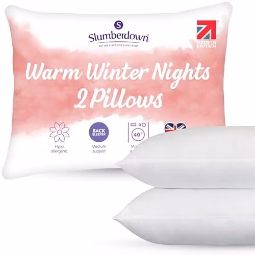 Slumberdown Warm Winter Nights Medium Support Bed Pillows, 2 Pack, White, W: 74 cm, H: 48 cm – 1