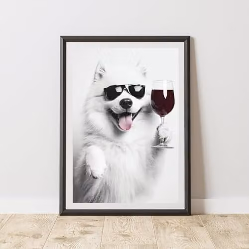 60 Second Makeover Funny Samoyed Drinking Wine Paper Poster, Black and White, A3