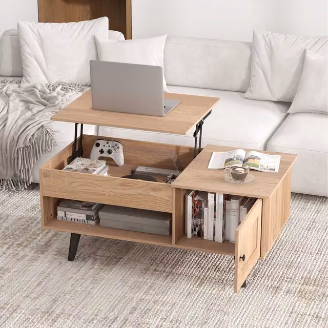 Costway Modern Rectangular Flip Top Centre Table in Brown with Reversible Board and Lift Mechanism